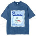 Unisex Vintage Fish Tank Stamp Printed Washed Tee