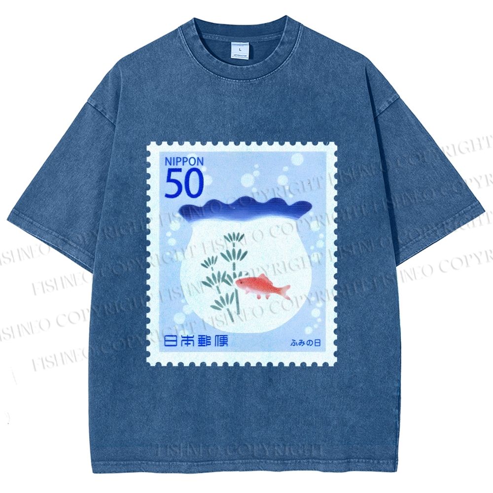 Unisex Vintage Fish Tank Stamp Printed Washed Tee