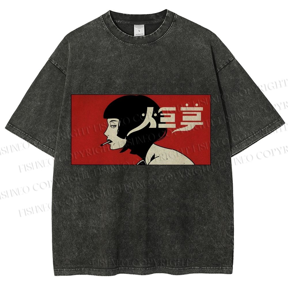 Unisex Smoking Lady Japanese Sign Printed Washed Tee