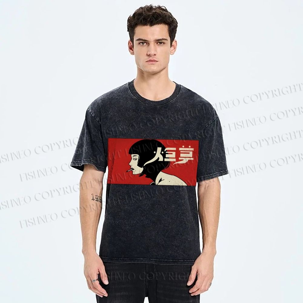 Unisex Smoking Lady Japanese Sign Printed Washed Tee