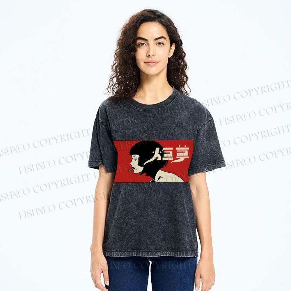 Unisex Smoking Lady Japanese Sign Printed Washed Tee