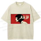 Unisex Smoking Lady Japanese Sign Printed Washed Tee