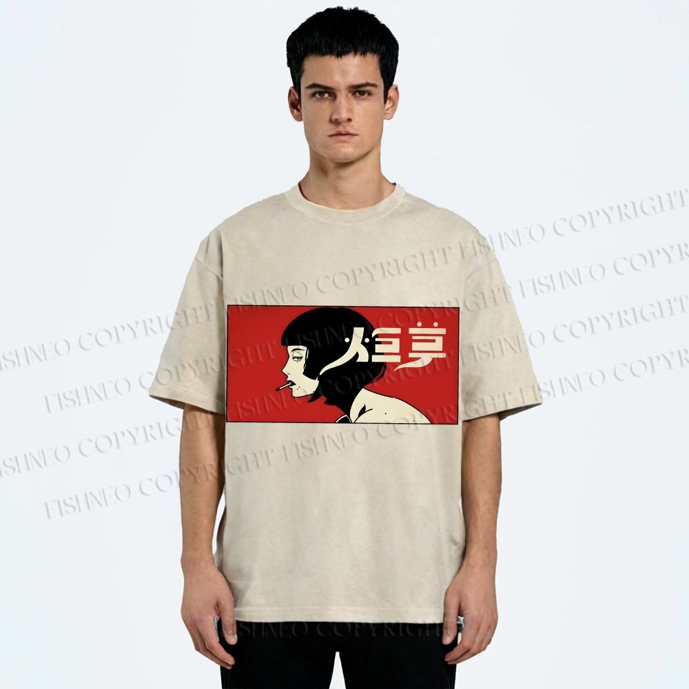 Unisex Smoking Lady Japanese Sign Printed Washed Tee