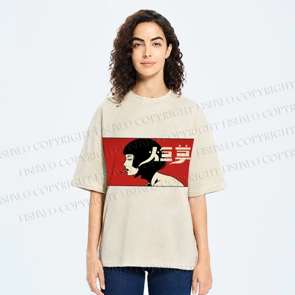 Unisex Smoking Lady Japanese Sign Printed Washed Tee