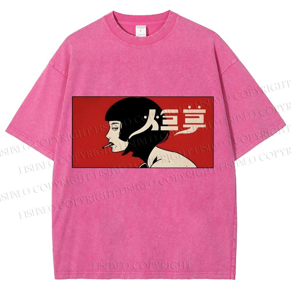 Unisex Smoking Lady Japanese Sign Printed Washed Tee
