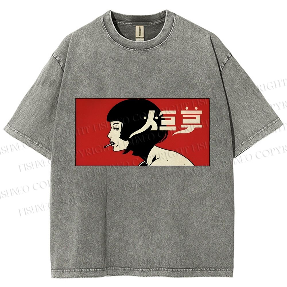 Unisex Smoking Lady Japanese Sign Printed Washed Tee