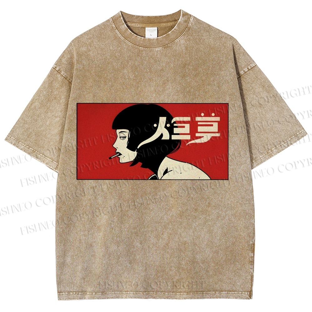 Unisex Smoking Lady Japanese Sign Printed Washed Tee