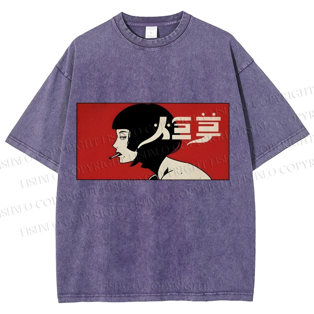 Unisex Smoking Lady Japanese Sign Printed Washed Tee