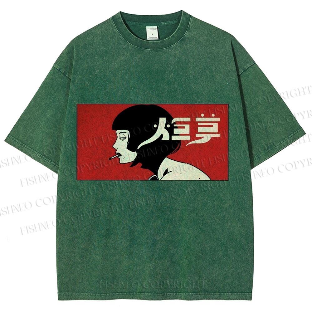 Unisex Smoking Lady Japanese Sign Printed Washed Tee