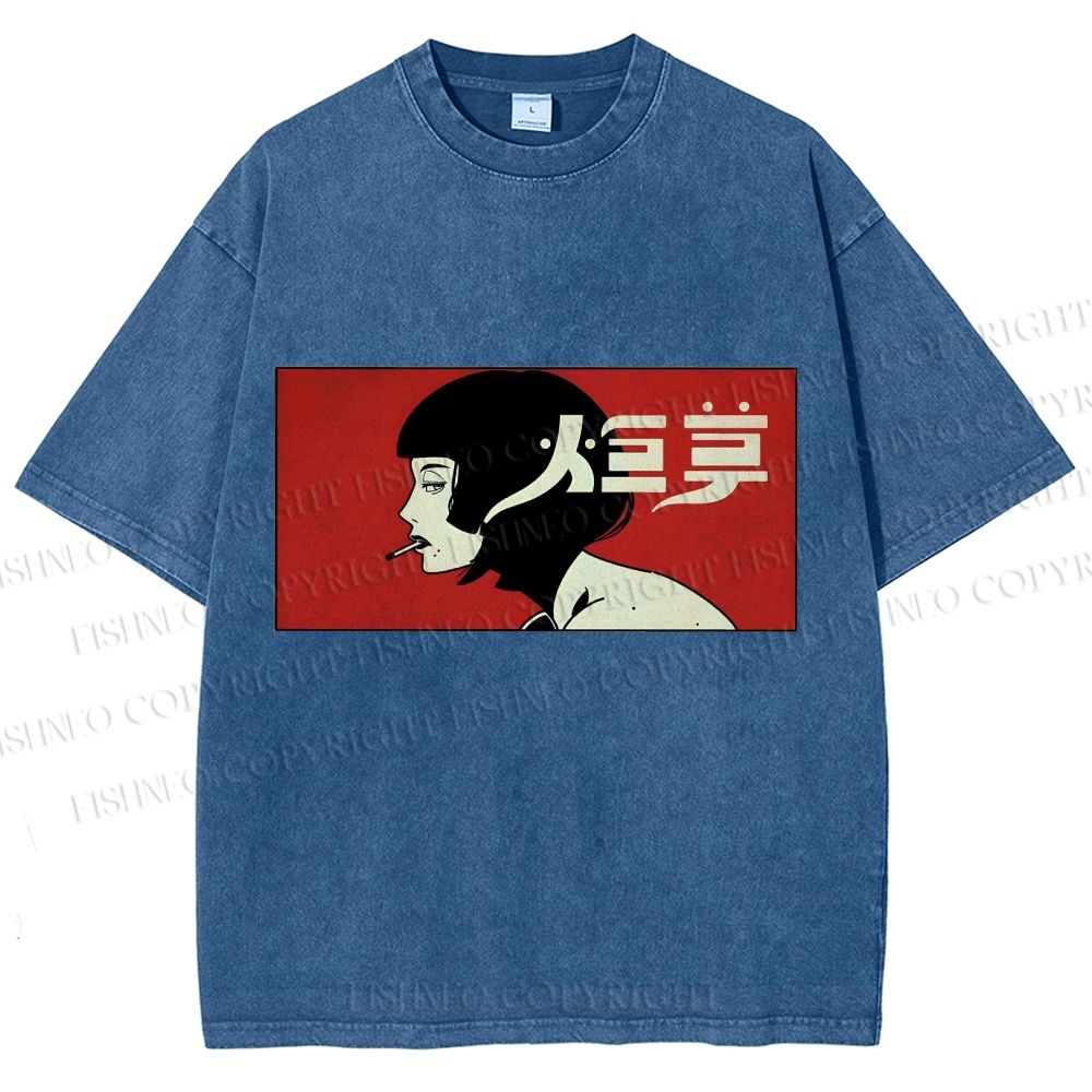Unisex Smoking Lady Japanese Sign Printed Washed Tee
