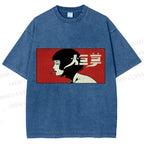 Unisex Smoking Lady Japanese Sign Printed Washed Tee