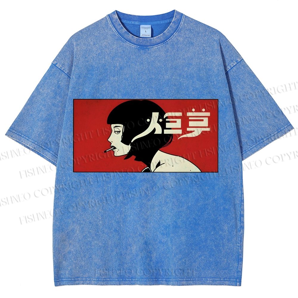 Unisex Smoking Lady Japanese Sign Printed Washed Tee