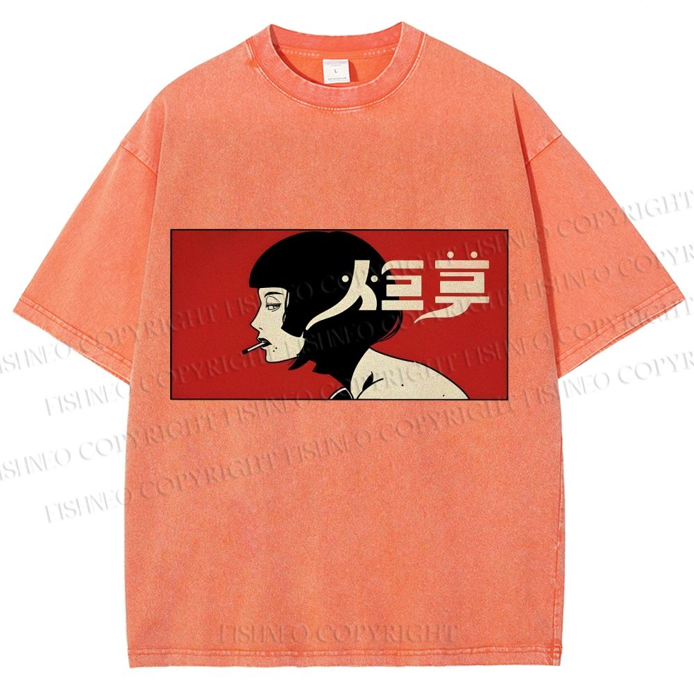 Unisex Smoking Lady Japanese Sign Printed Washed Tee