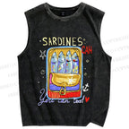 Unisex Canned Sardines Printed Washed Tank Top