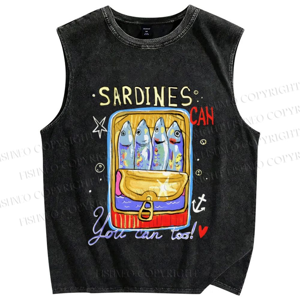 Unisex Canned Sardines Printed Washed Tank Top