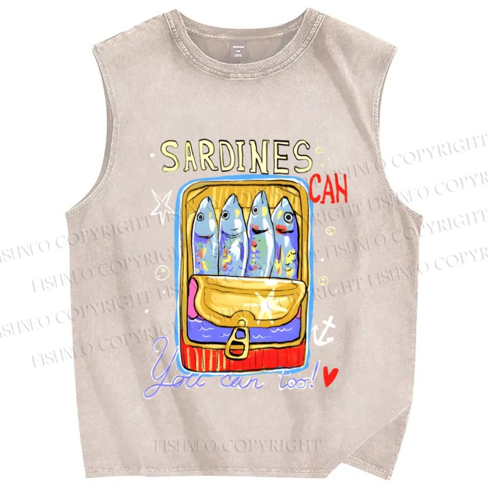 Unisex Canned Sardines Printed Washed Tank Top