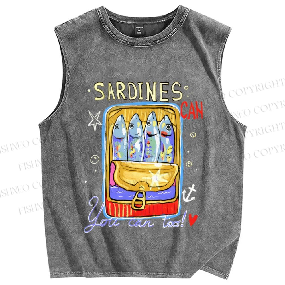 Unisex Canned Sardines Printed Washed Tank Top
