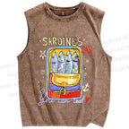 Unisex Canned Sardines Printed Washed Tank Top