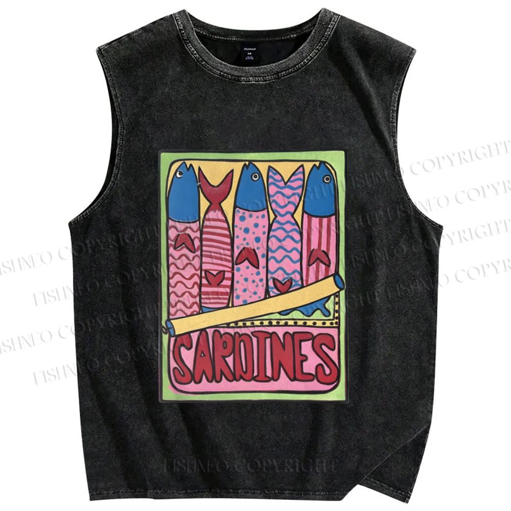 Unisex Canned Sardines Printed Washed Tank Top