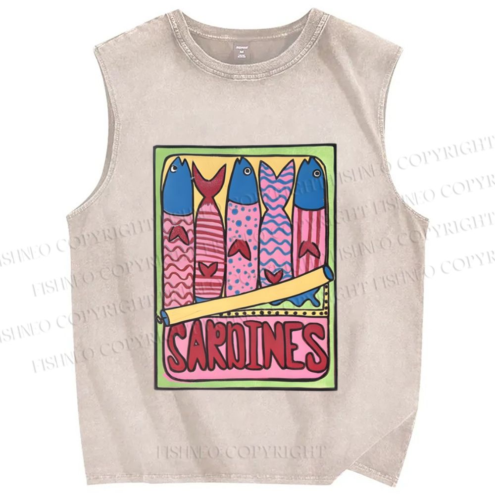 Unisex Canned Sardines Printed Washed Tank Top