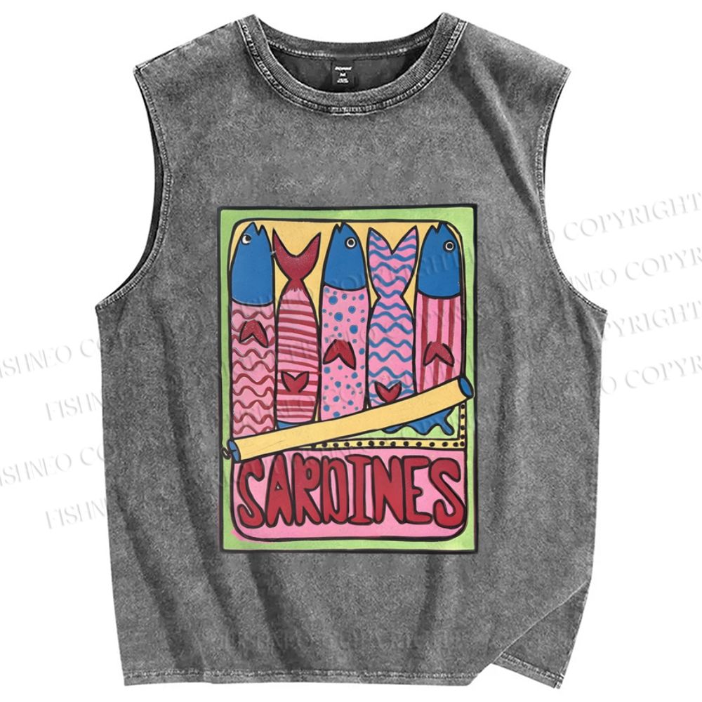 Unisex Canned Sardines Printed Washed Tank Top