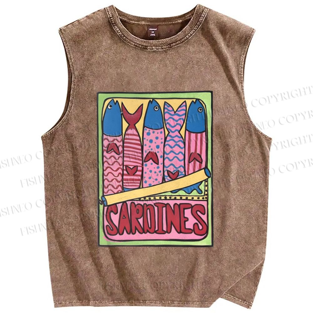 Unisex Canned Sardines Printed Washed Tank Top