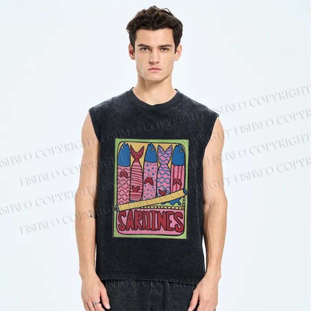 Unisex Canned Sardines Printed Washed Tank Top