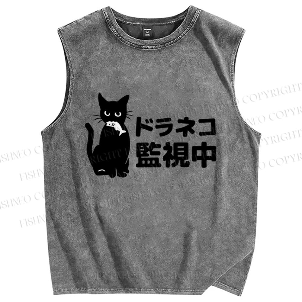 Unisex Cat Under Surveillance Printed Washed Tank Top