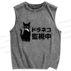 Unisex Cat Under Surveillance Printed Washed Tank Top