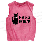 Unisex Cat Under Surveillance Printed Washed Tank Top