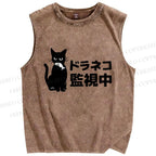 Unisex Cat Under Surveillance Printed Washed Tank Top