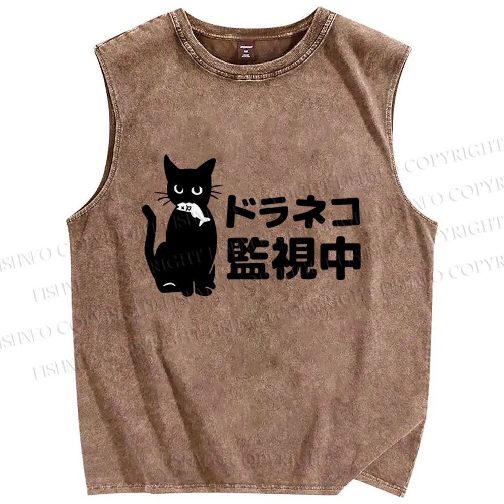 Unisex Cat Under Surveillance Printed Washed Tank Top