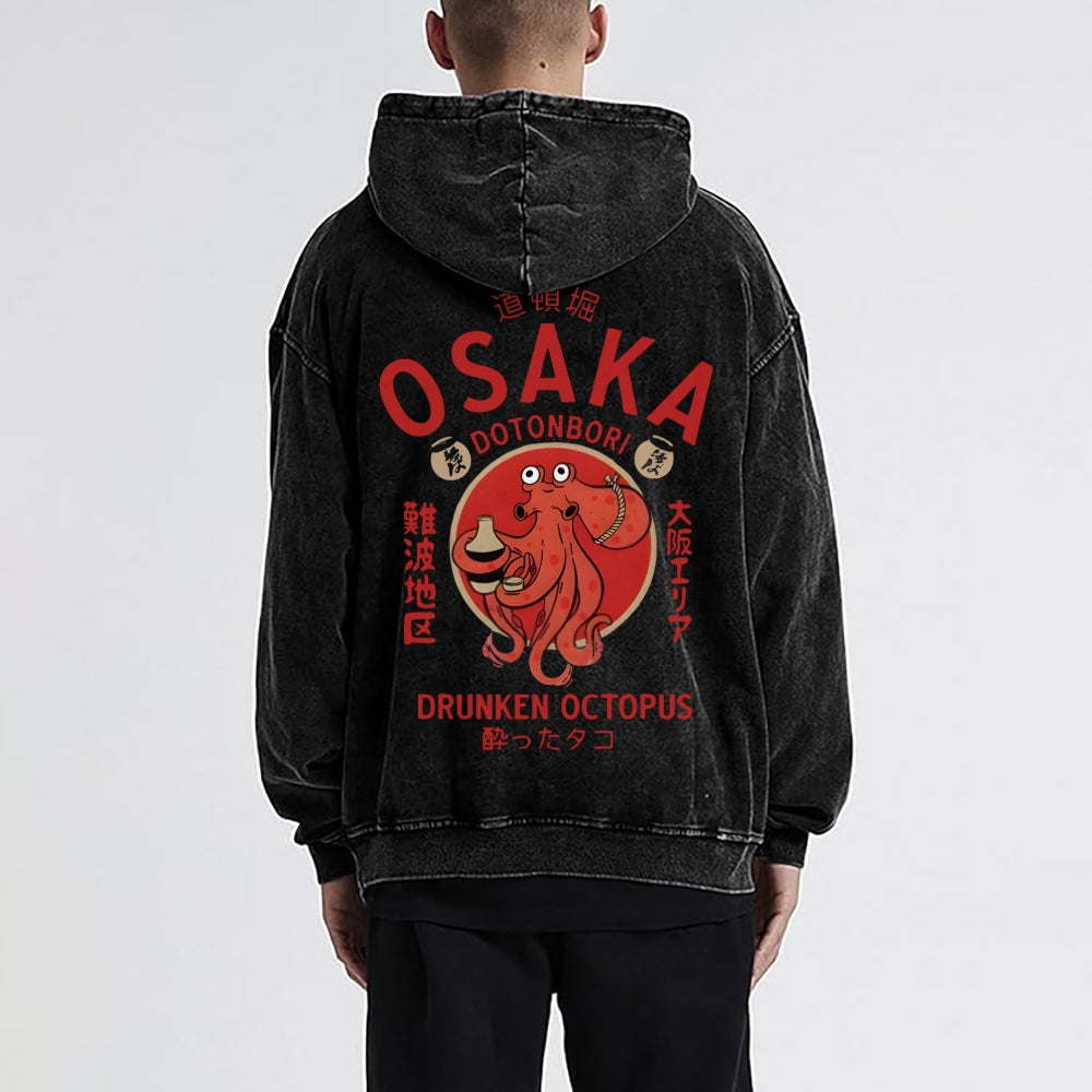 Osaka Dotonbori Drunken Octopus Vintage Washed Cotton Back Art Hoodie