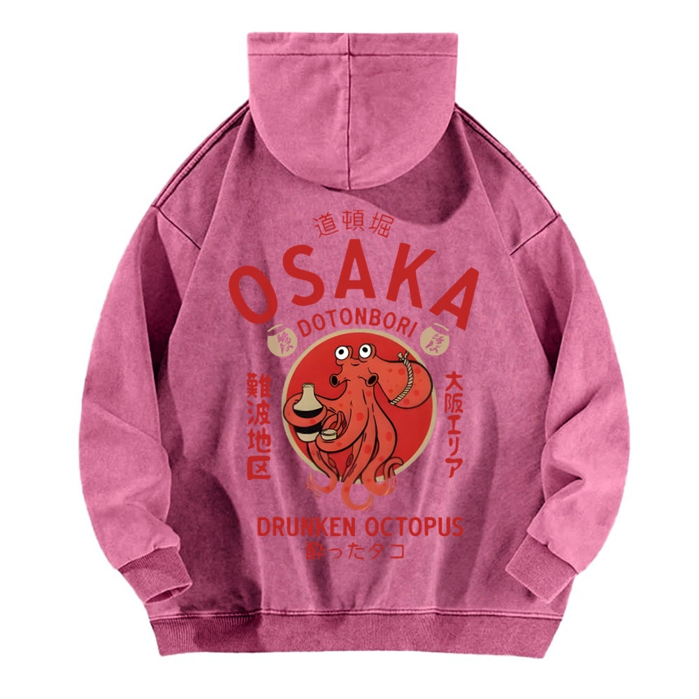 Osaka Dotonbori Drunken Octopus Vintage Washed Cotton Back Art Hoodie