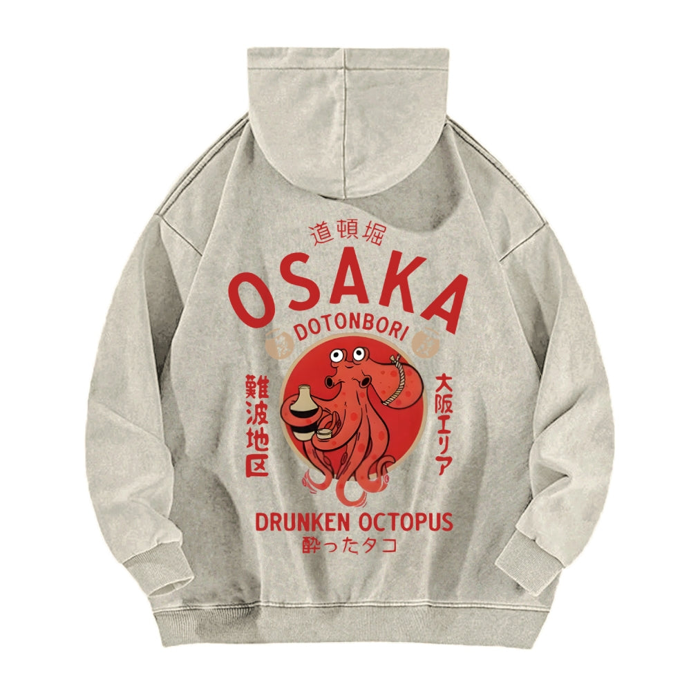 Osaka Dotonbori Drunken Octopus Vintage Washed Cotton Back Art Hoodie