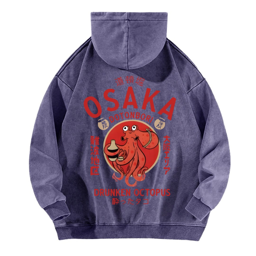 Osaka Dotonbori Drunken Octopus Vintage Washed Cotton Back Art Hoodie