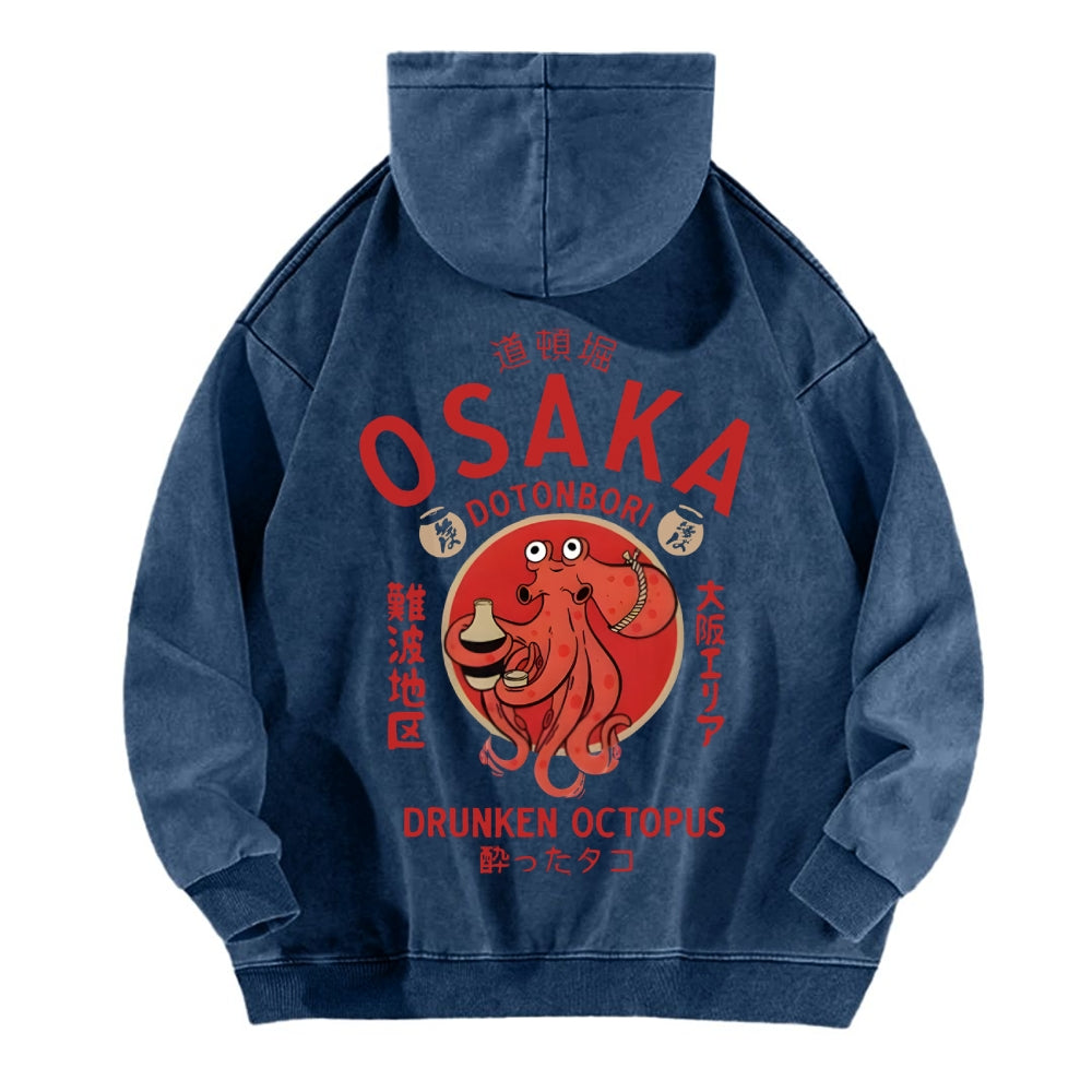 Osaka Dotonbori Drunken Octopus Vintage Washed Cotton Back Art Hoodie