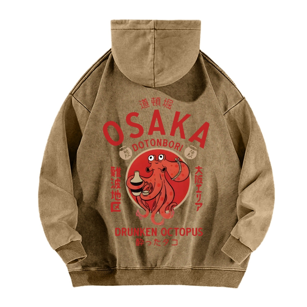 Osaka Dotonbori Drunken Octopus Vintage Washed Cotton Back Art Hoodie