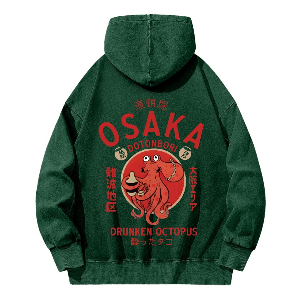 Osaka Dotonbori Drunken Octopus Vintage Washed Cotton Back Art Hoodie