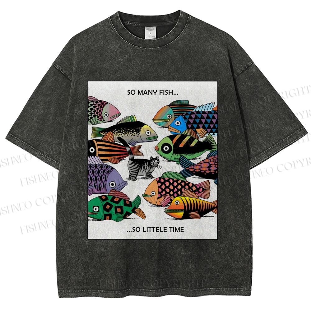 Unisex So Many Fish So Little Time Cat Printed Washed Tee