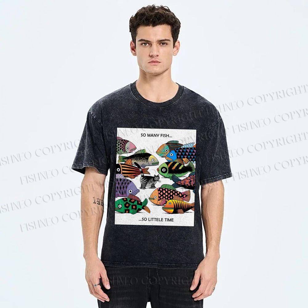 Unisex So Many Fish So Little Time Cat Printed Washed Tee