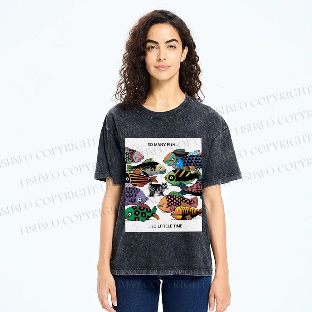 Unisex So Many Fish So Little Time Cat Printed Washed Tee