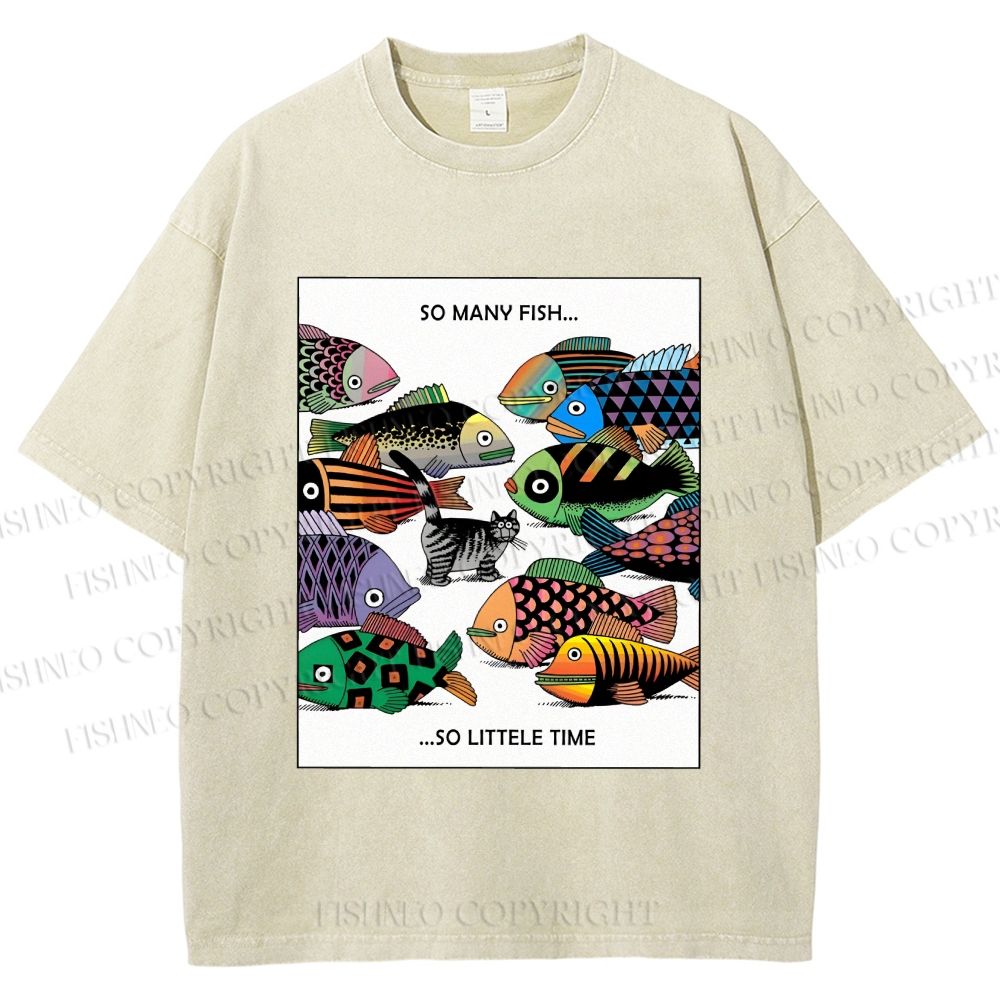 Unisex So Many Fish So Little Time Cat Printed Washed Tee