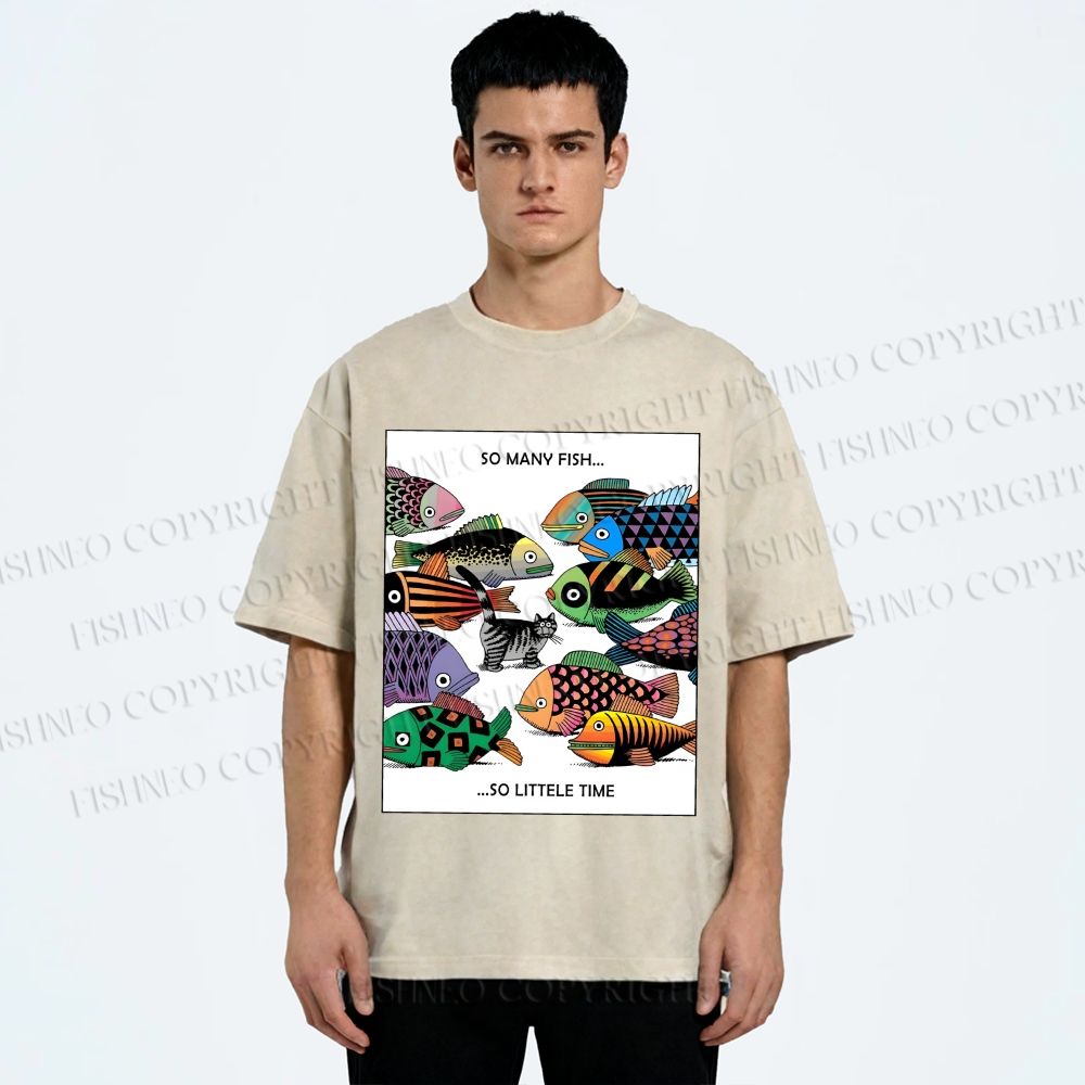 Unisex So Many Fish So Little Time Cat Printed Washed Tee
