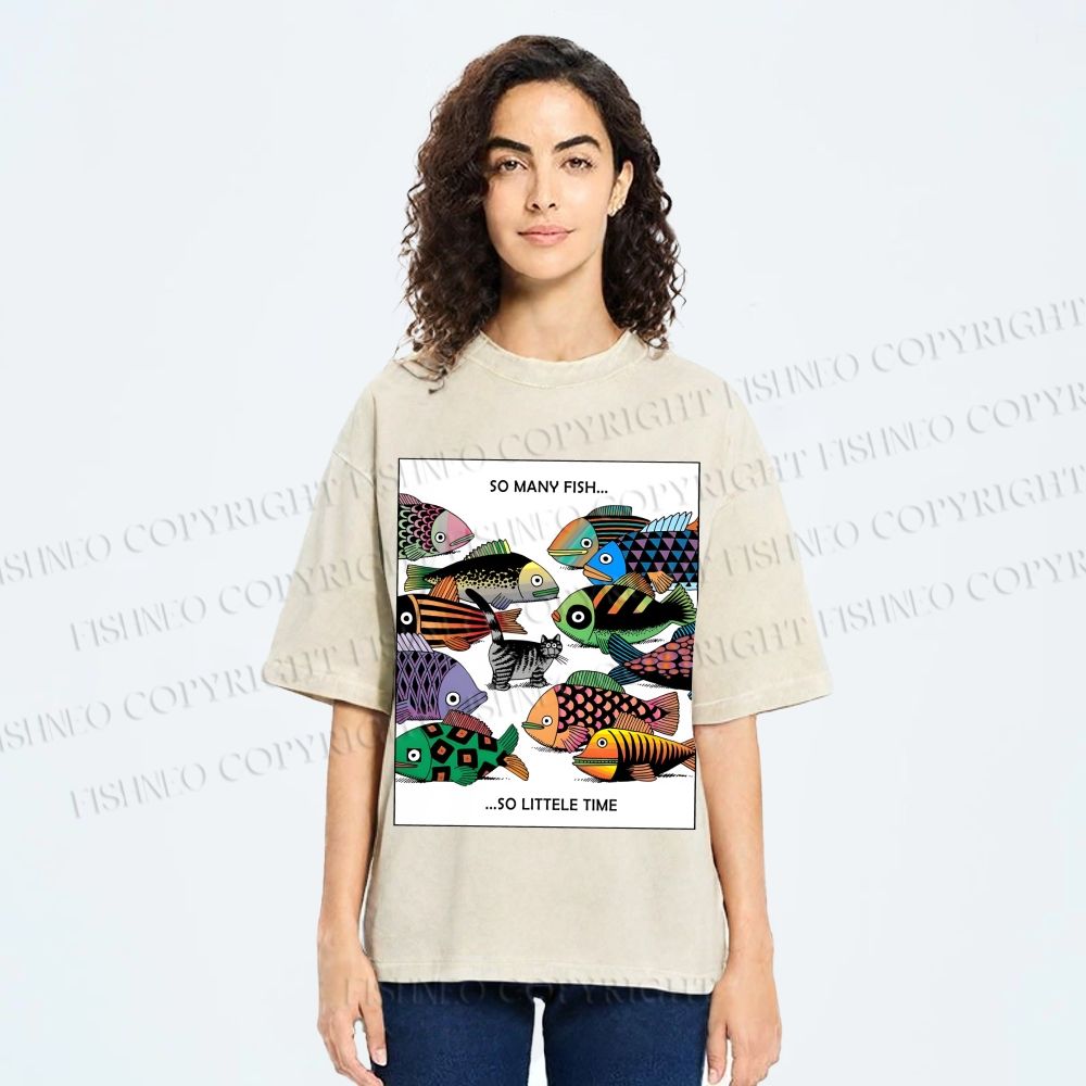 Unisex So Many Fish So Little Time Cat Printed Washed Tee