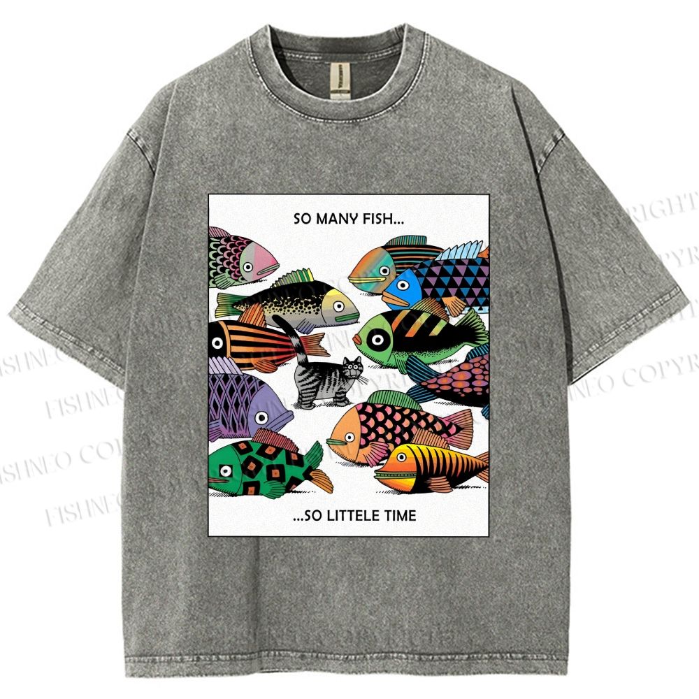 Unisex So Many Fish So Little Time Cat Printed Washed Tee