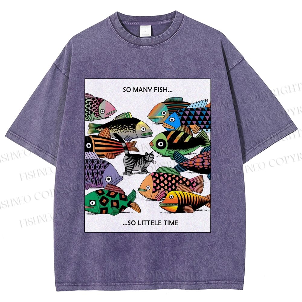 Unisex So Many Fish So Little Time Cat Printed Washed Tee