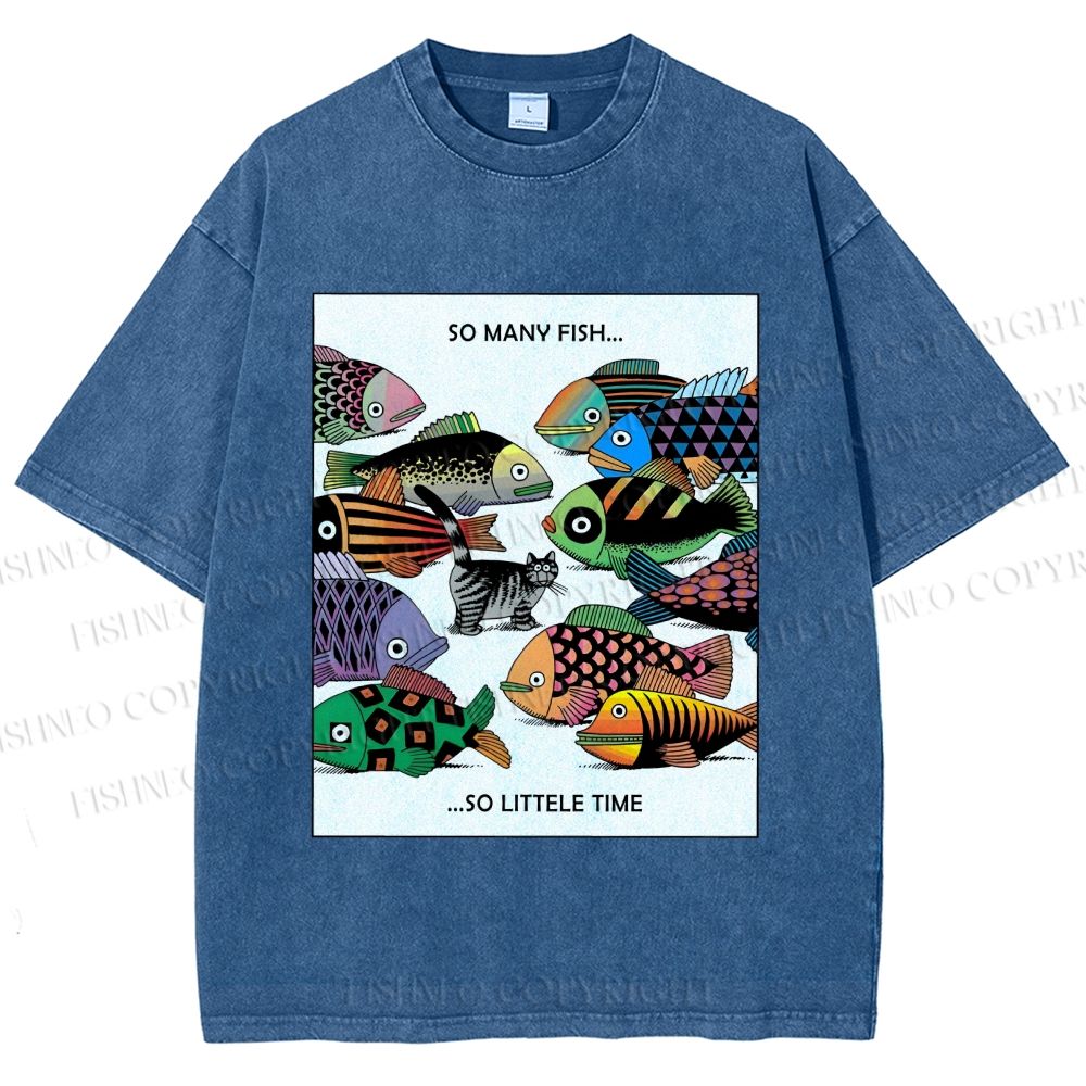 Unisex So Many Fish So Little Time Cat Printed Washed Tee