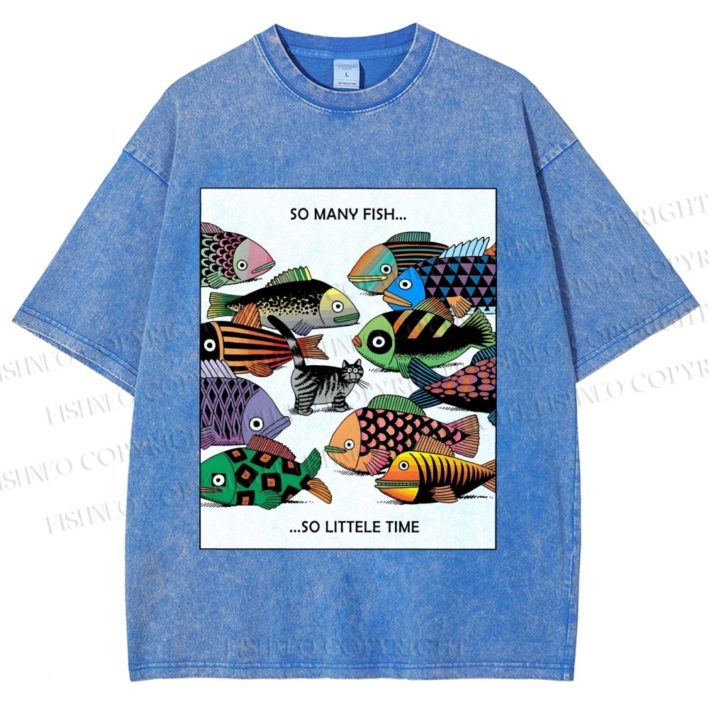 Unisex So Many Fish So Little Time Cat Printed Washed Tee