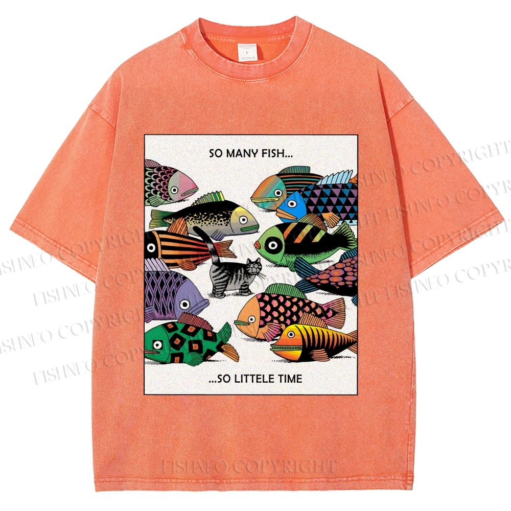 Unisex So Many Fish So Little Time Cat Printed Washed Tee